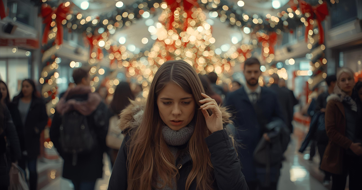 person setting emotional boundaries during the holidays — therapy support; woman taking a break from holiday decor