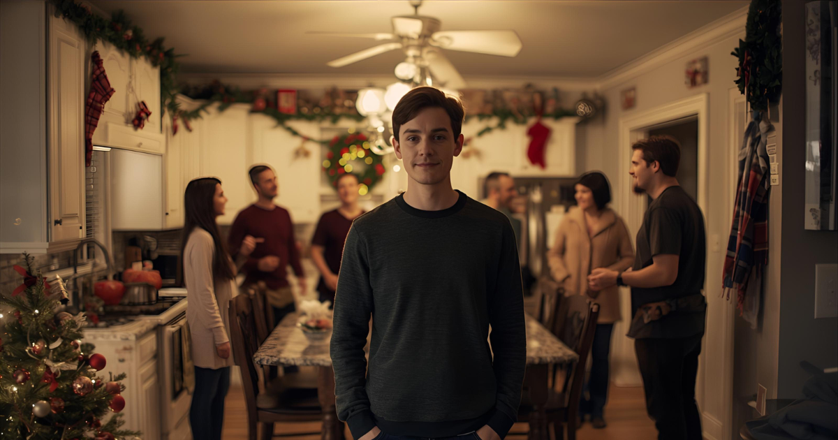 person setting emotional boundaries during the holidays, therapy support man taking a break during family gathering, family boundaries during the holidays