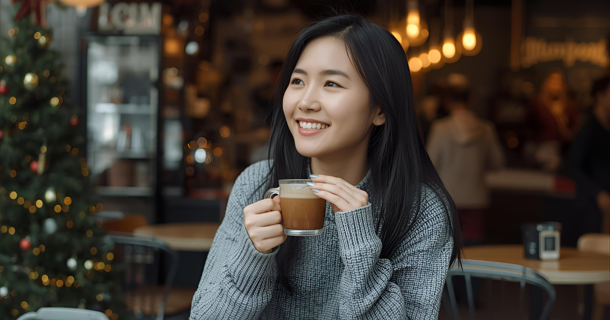 person reading with holiday lights creating a cozy self-connection atmosphere; young adult sitting by a window with warm lights enjoying a peaceful solo holiday moment