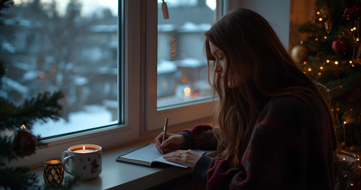 quiet reflective moment representing letting go before the new year; person journaling during winter symbolizing emotional release and closure