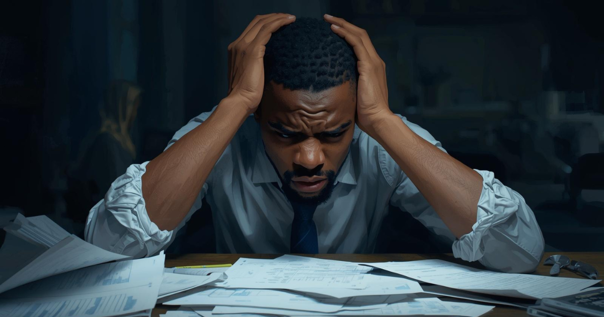 young adult looking stressed while reviewing expenses; person reviewing finances reflecting financial stress and mental health